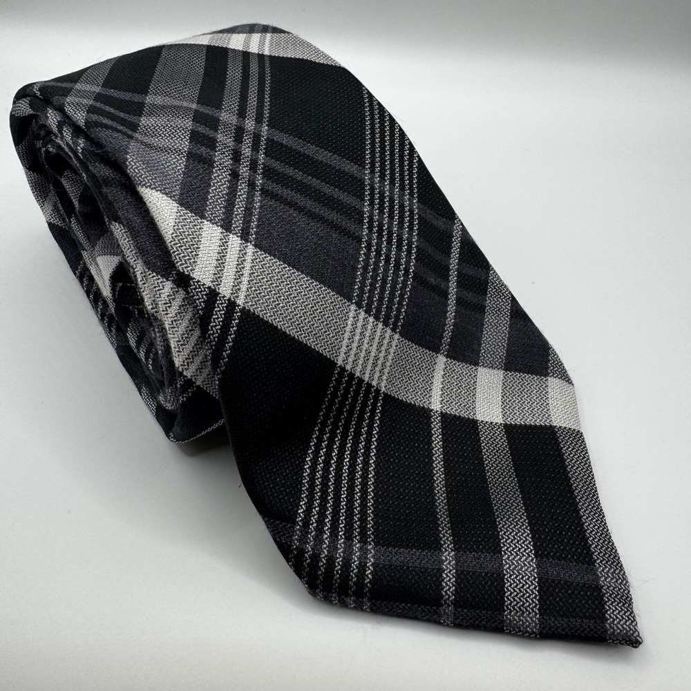 Calvin Klein Mens Silk Blend Plaid Tie Black Grey White Checkered Necktie Formal